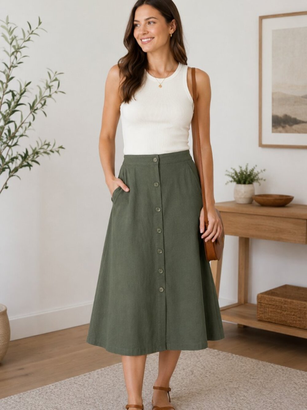 Matty M Olive Green Button Front Linen Blend Skirt XL NWT